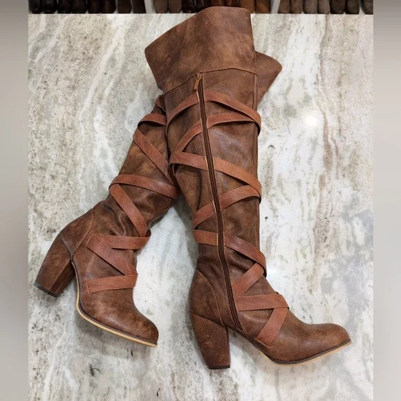 Michael Antonio Brown Faux Leather Belted Boots Size 9 – 20” Shaft 3.75”Heel EUC - Picture 3 of 6